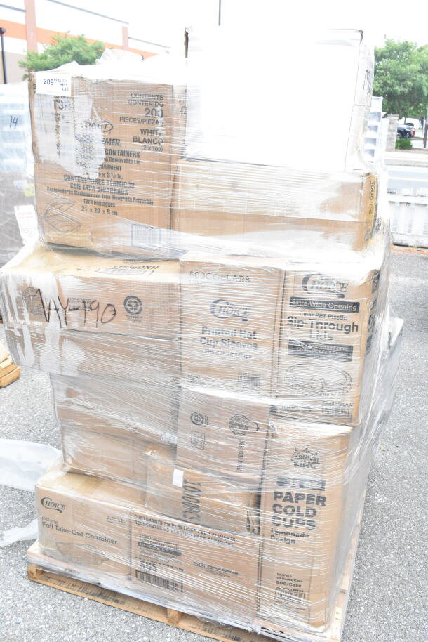 Pallet of brand new scratch and dent items, including take-out containers, cups, and utensils, shrink-wrapped.
