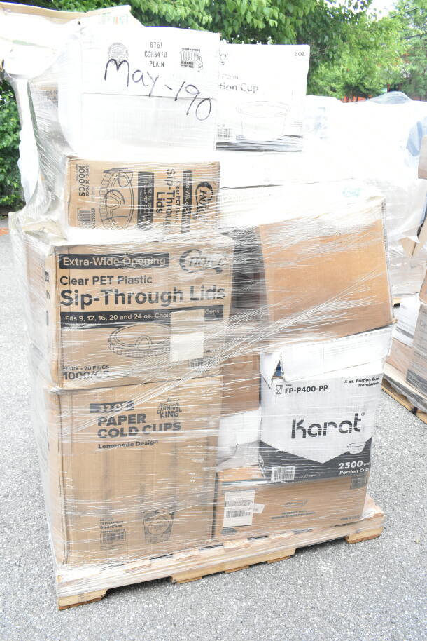 Pallet of 35 new scratch and dent items, including take-out containers, wrap sheets, cups, and spoons. Boxes labeled "May-190."