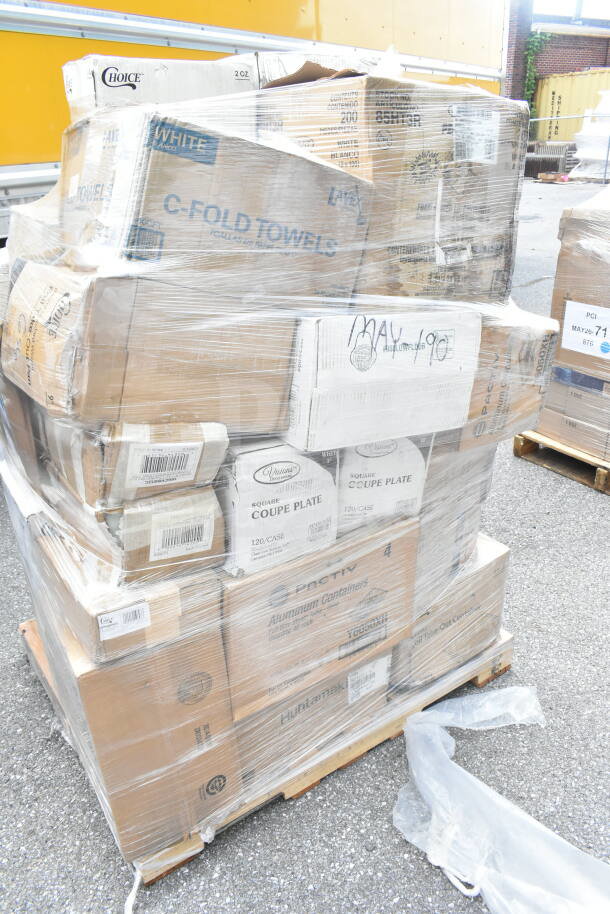 Pallet of 35 packaged "scratch and dent" items including take-out containers, wrap sheets, cups, and spoons, wrapped in plastic.