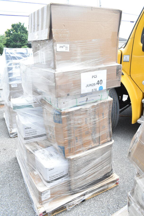 Pallet of 26 boxed items including napkins, plates, lids, gloves. Marked "JUN26-40." New, scratch and dent condition.