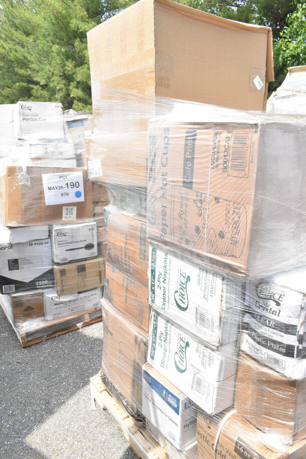 Pallet of assorted new scratch and dent items, including napkins, paper plates, lids, and gloves. Various brands visible.