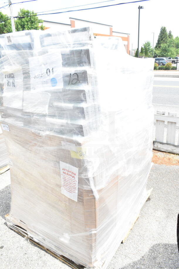 Pallet of 20 new Lancaster Table & Seating Square Back Banquet Chairs, scratch and dent, wrapped for auction.
