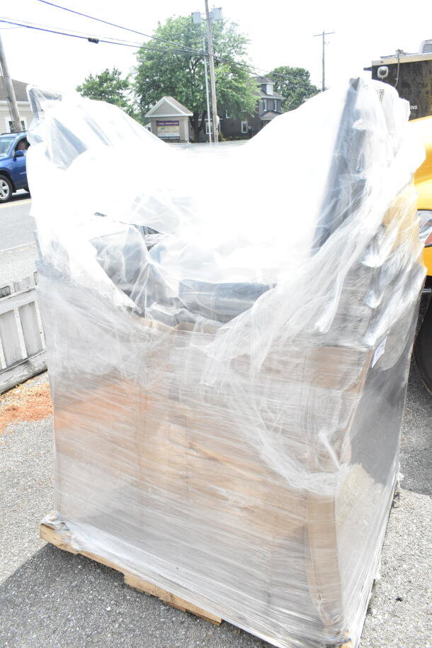 20 Lancaster banquet chairs, new but scratch/dent, black vinyl, silver vein frame, wrapped on pallet.