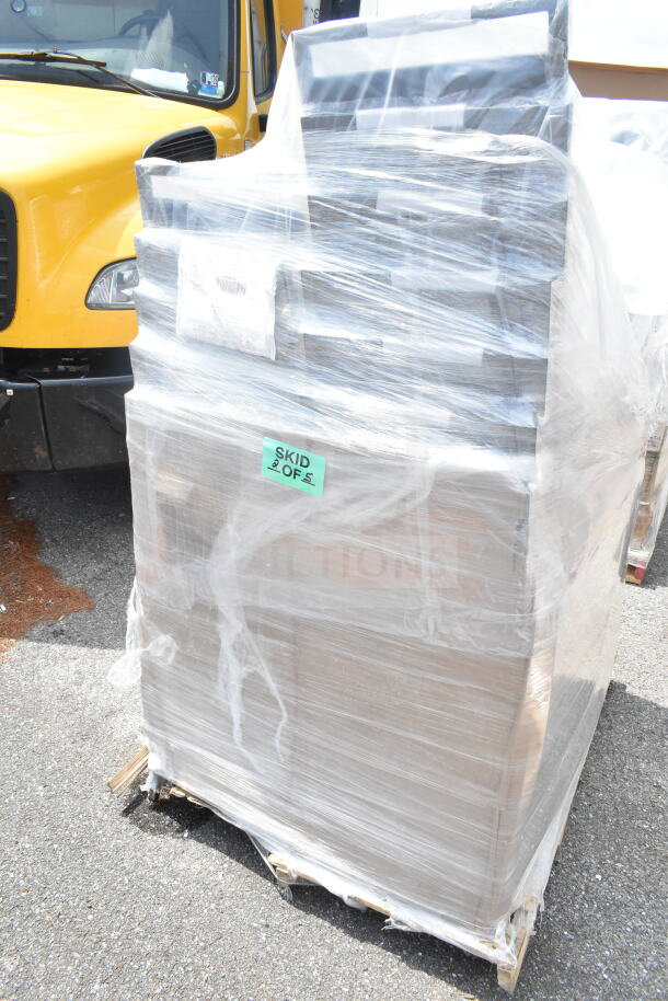Pallet of 20 new Lancaster Table & Seating banquet chairs, black vinyl, silver vein frame, in plastic wrap, labeled "SKID OF 5".