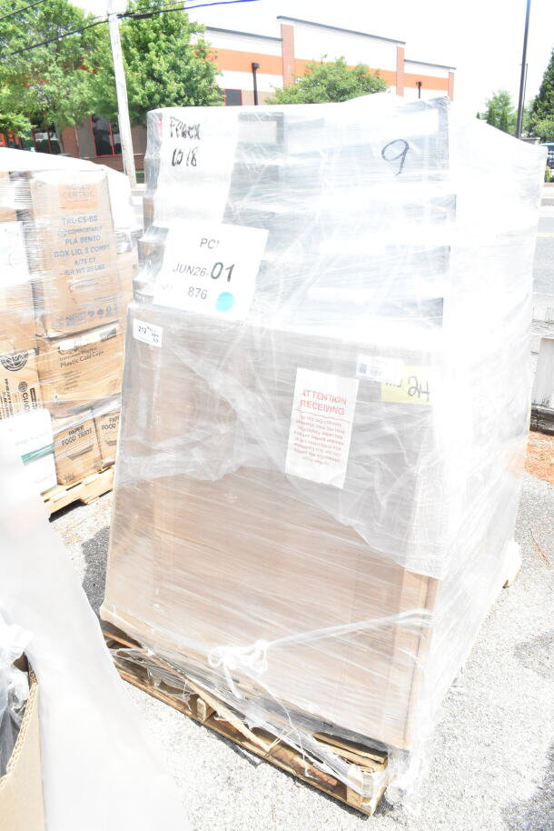 20 brand new Lancaster Table & Seating Square Back Banquet Chairs with black vinyl and silver vein frame, wrapped on pallet. Batch: JUN26-01.