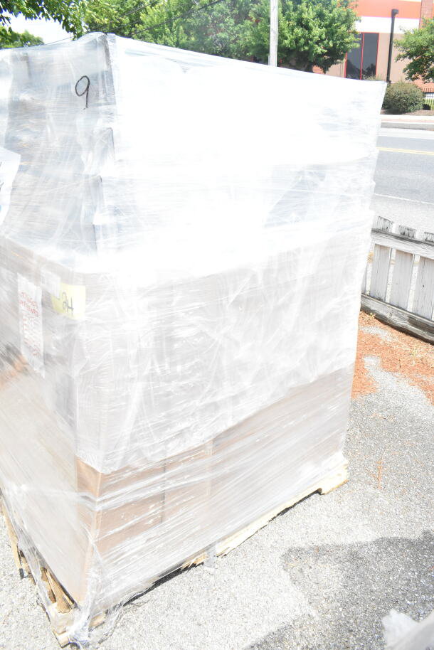 Pallet of 20 Lancaster Table & Seating Square Back Banquet Chairs, black vinyl, silver vein frame, shrink-wrapped.