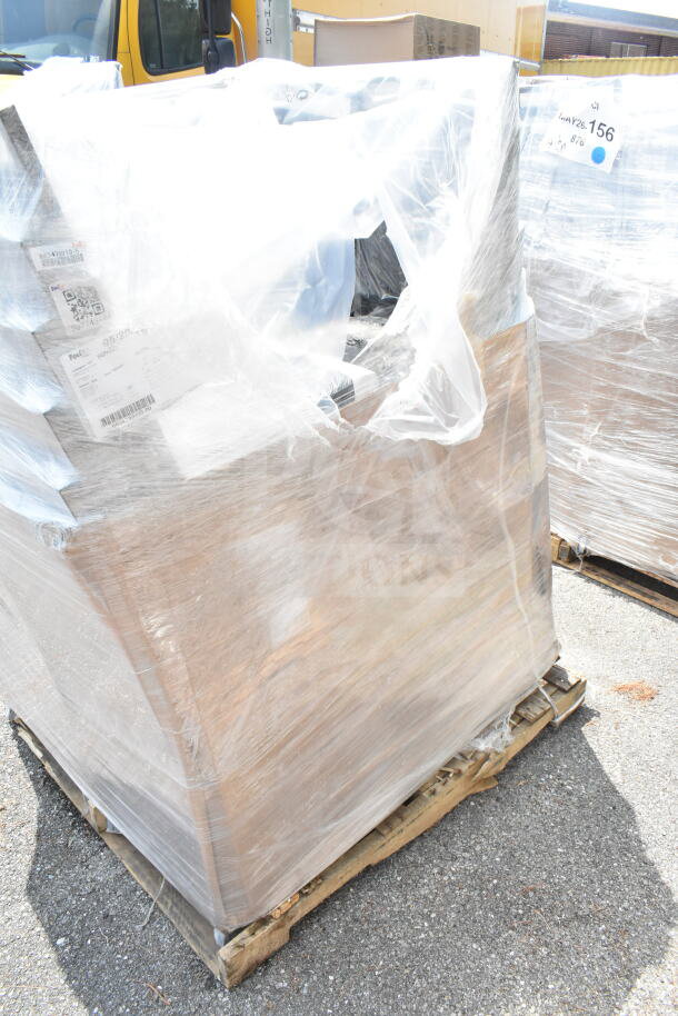 Pallet of 20 new Lancaster 164BNQSQBLKV banquet chairs, black vinyl, silver frame, wrapped in plastic. Some scratch and dent.