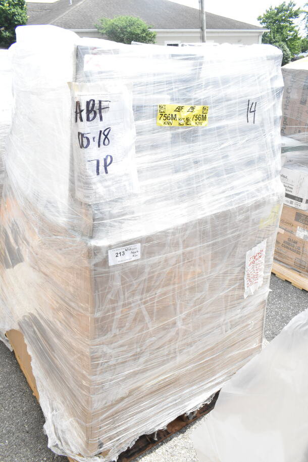 Pallet of 20 new Lancaster Table & Seating square back banquet chairs, black vinyl and silver vein frame, wrapped in plastic.