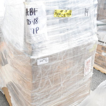 Pallet of 20 new Lancaster Table & Seating square back banquet chairs, black vinyl and silver vein frame, wrapped in plastic.