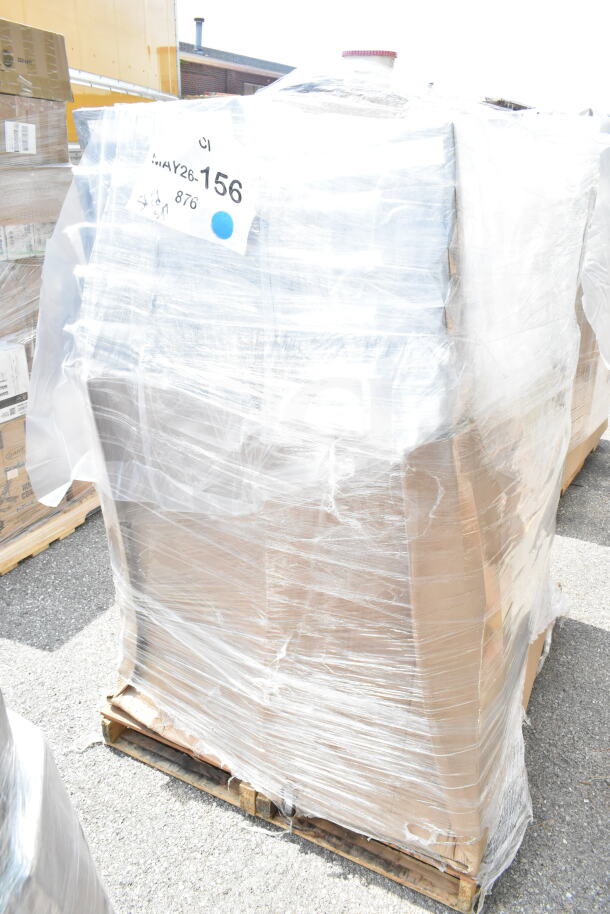 20 new Lancaster Table & Seating banquet chairs on pallet, wrapped in plastic. Model 164BNQSQBLKV, black vinyl, silver frame, minor scratches.
