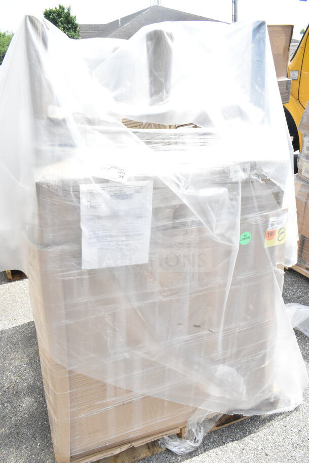 8 brand new Lancaster Table & Seating black wood bar stools, model 164BSCHLBLK, wrapped in plastic on a pallet.