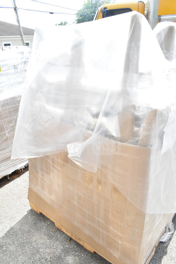 8 new Lancaster Table & Seating black wood bar stools, scratch and dent condition, wrapped on pallet.