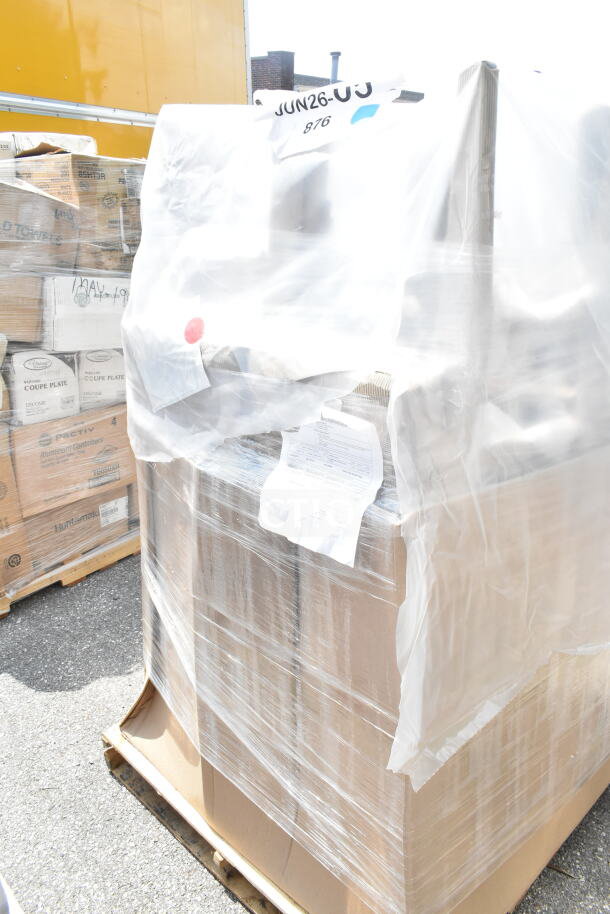 8 brand new Lancaster Table & Seating 164BSCHLBLK black wooden bar stools in packaging labeled "JUN26-05."