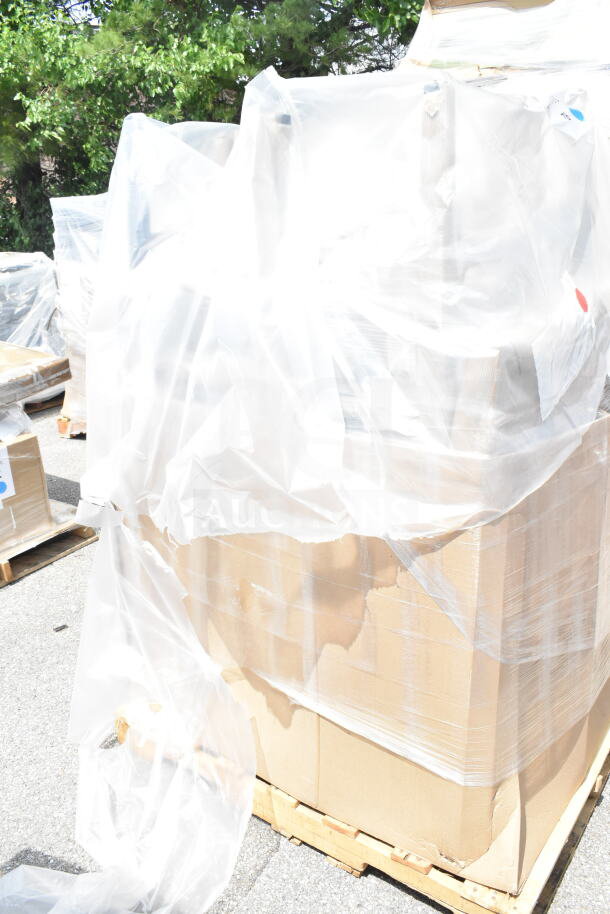 Eight new Lancaster Table & Seating black wood bar stools. Scratch and dent condition, packaged on pallet, plastic wrap.