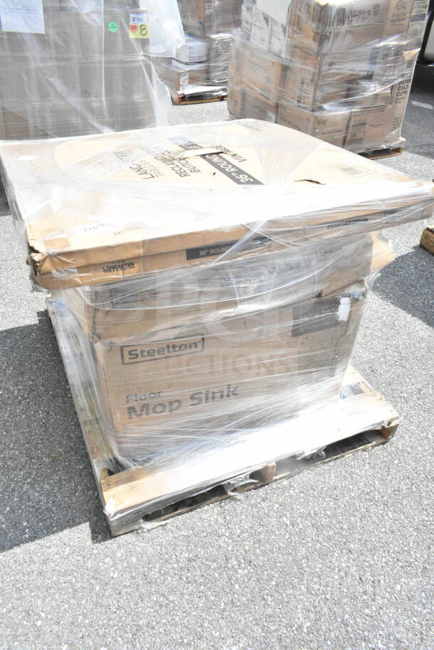 Pallet of brand new scratch and dent items: Steelton floor mop sink box, wire shelf, wrapped for auction.