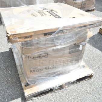 Pallet of brand new scratch and dent items: Steelton floor mop sink box, wire shelf, wrapped for auction.