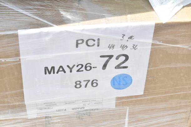 Pallet containing four new scratch and dent items, label reads PCI, MAY26-72, 876; includes wire shelf, mop sink.