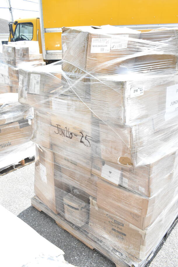 Sealed pallet of 34 new items including glasses, salad bowls, coffee cups, server plates, and carafe. Marked "JUN26-25."