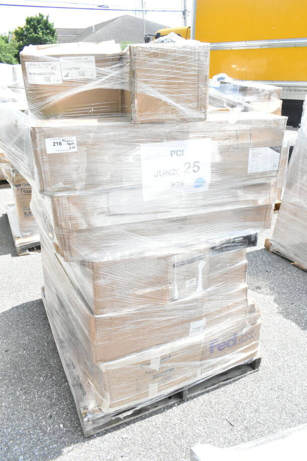 Pallet of 34 boxed items including glasses, salad bowls, coffee cups, server plates, and carafe, wrapped in plastic.