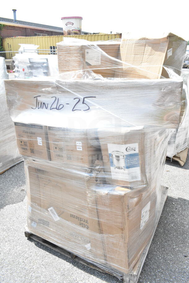 Shrink-wrapped pallet of 34 new scratch and dent kitchen items, including glasses, bowls, and plates; labeled "Jun26-25."