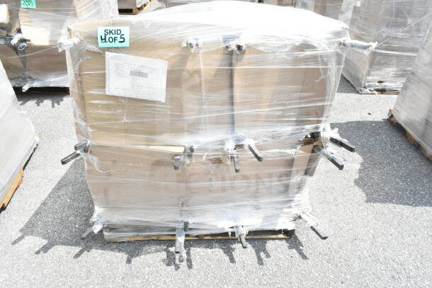 Pallet of 20 Lancaster Table & Seating banquet chairs, model 164BNQSQBLKV, new scratch and dent condition, wrapped for shipping.