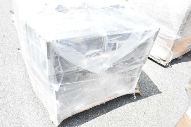 Packaged Lancaster Table & Seating Square Back Banquet Chairs, black vinyl, silver vein frame, brand new, slight imperfections.