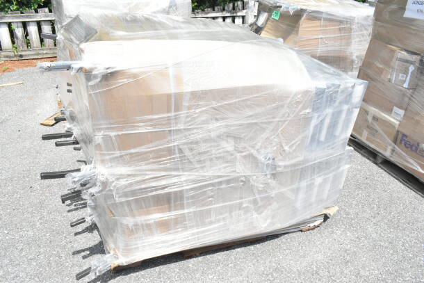 Shrink-wrapped pallet of 20 brand new scratch and dent Lancaster chairs, model 164BNQSQBLKV, black vinyl, silver vein frame.