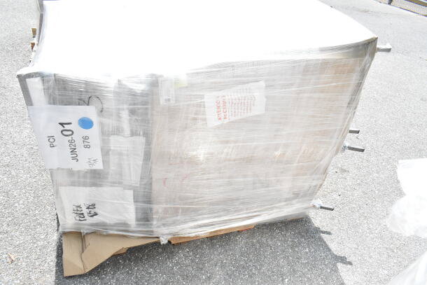 Wrapped pallet of 20 Lancaster Table & Seating square back banquet chairs, black vinyl, silver vein frame, brand new, scratch and dent. Tags indicate "JUN26-01".