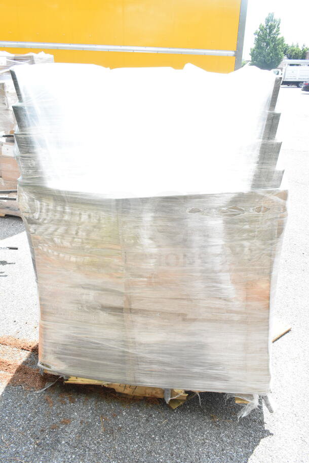 Pallet of 20 Lancaster Table & Seating banquet chairs, model 164BNQSQBLKV, wrapped in protective plastic, new condition.