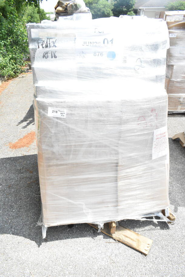 Pallet of 20 brand new Lancaster Table & Seating square back banquet chairs in packaging, black vinyl, silver vein frame.