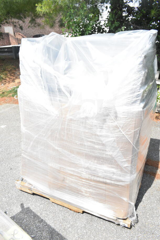 Pallet with 20 brand new scratch and dent Lancaster Table & Seating Square Back Banquet Chairs wrapped in plastic.