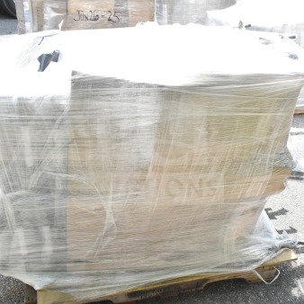 Shrink-wrapped pallet of 20 Lancaster Table & Seating square back banquet chairs, black vinyl, silver vein frame, unassembled.