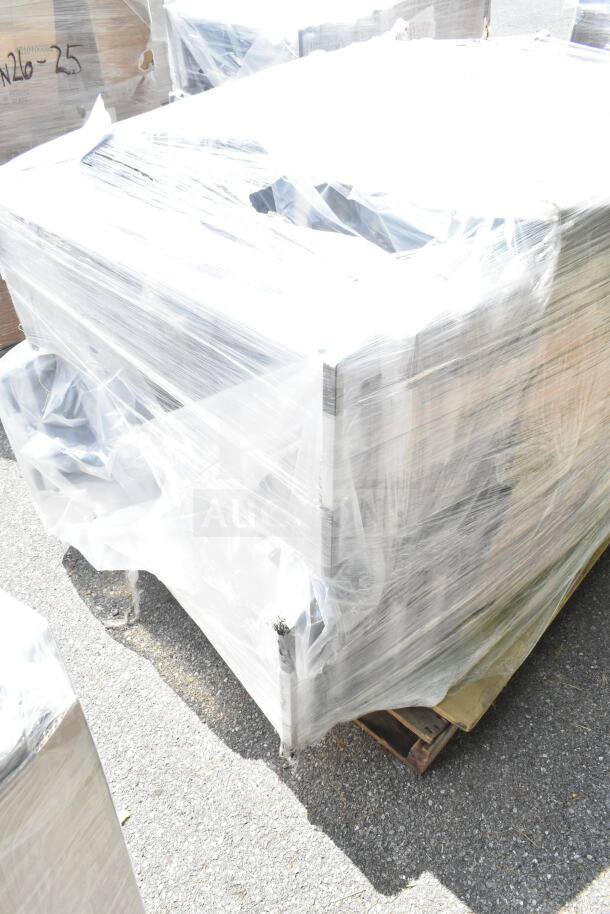 Packed 20 new Lancaster banquet chairs, black vinyl, silver vein frame, scratch and dent, shrink-wrapped on pallet.