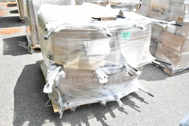 Pallet of 20 new Lancaster Table & Seating square back banquet chairs, black vinyl, silver vein frame, wrapped in plastic.