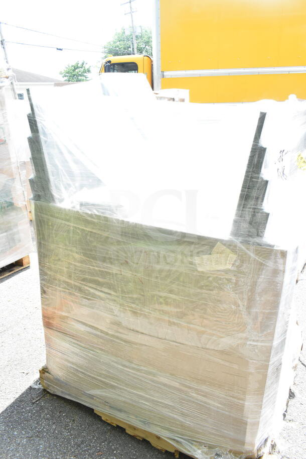 20 scratch and dent Lancaster Table & Seating banquet chairs, black vinyl, silver vein frame, wrapped on pallet.