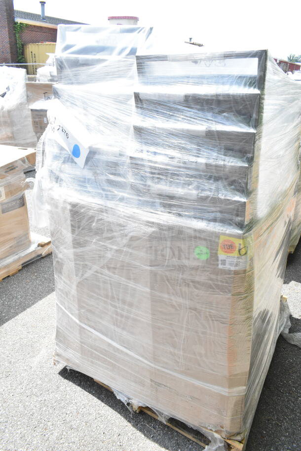 Shrink-wrapped pallet of 20 new Lancaster Table & Seating banquet chairs, black vinyl, silver frame. Scratch and dent sale.