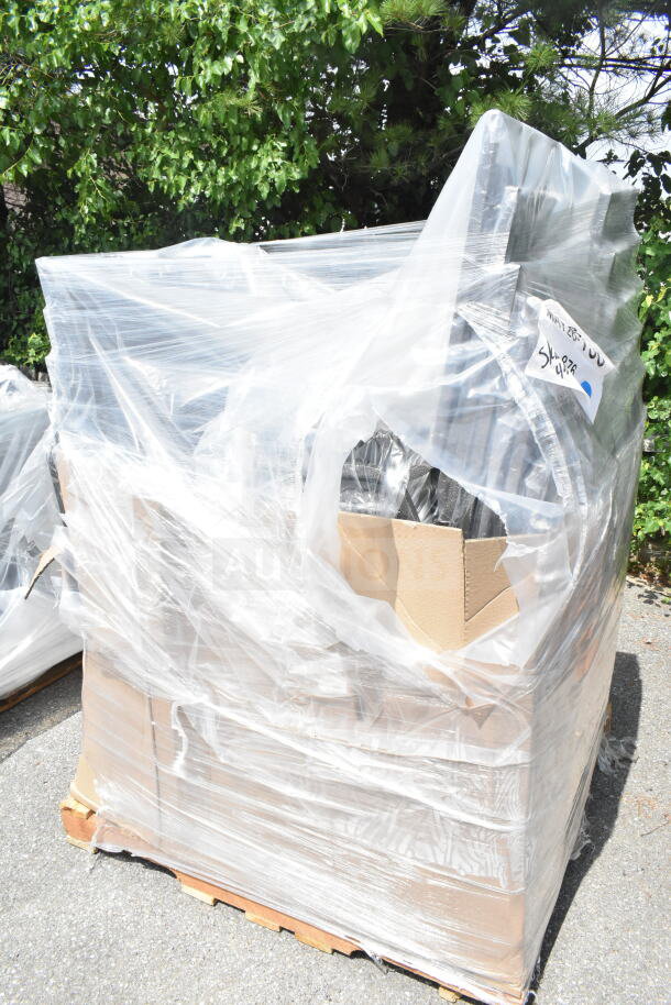 20 new scratch and dent Lancaster banquet chairs, model 164BNQSQBLKV, wrapped on a pallet with plastic and visible tags.