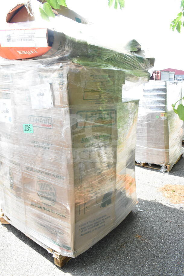 Pallet of shrink-wrapped U-Haul boxes labeled "JUN26-02," containing 6 new scratch and dent items, including a back booth.