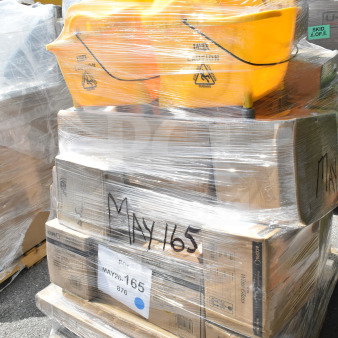 Pallet with 24 scratch and dent items, including yellow mop buckets, speed rails, and pizza pans. Marked MAY26-165.