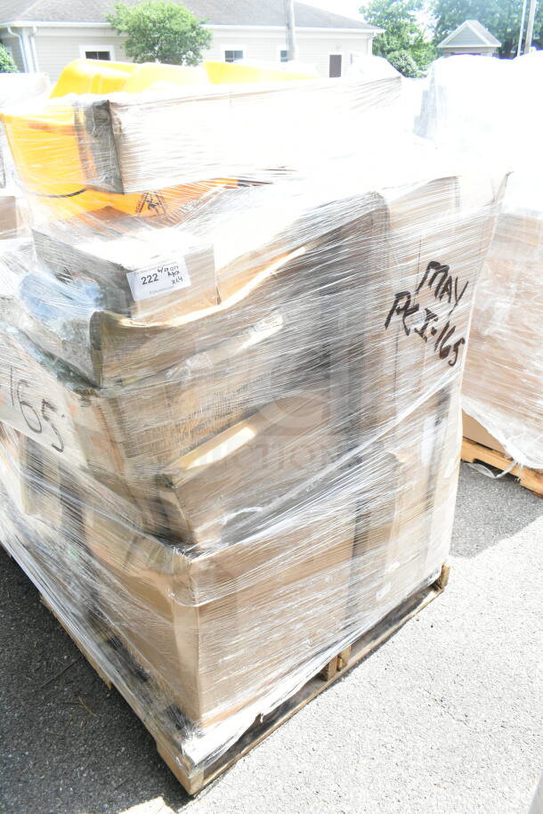 Pallet of 24 brand new scratch and dent items, including speed rails, pizza pan, mop buckets, wrapped for auction.