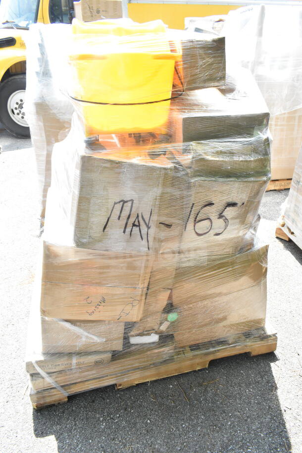 24 new scratch and dent items on pallet wrapped in plastic, including speed rails, pizza pan, mop buckets; labeled "MAY-165".
