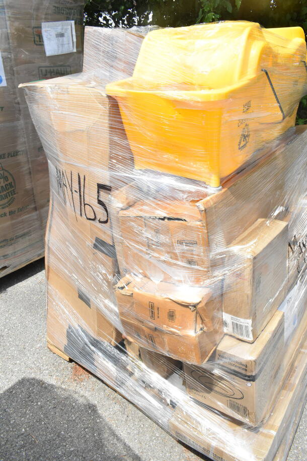 Pallet with 24 assorted items including yellow mop bucket, speed rails, pizza pan, wrapped and labeled MA-Y165.