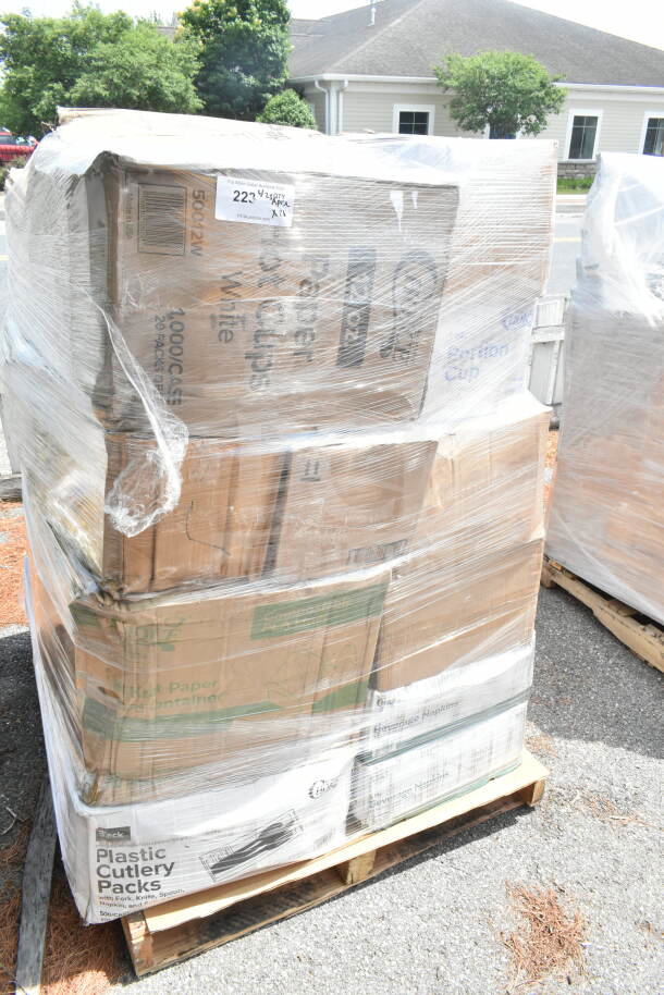Pallet of 26 new scratch and dent items in boxes, including napkins, forks, cups, food trays; wrapped for auction.