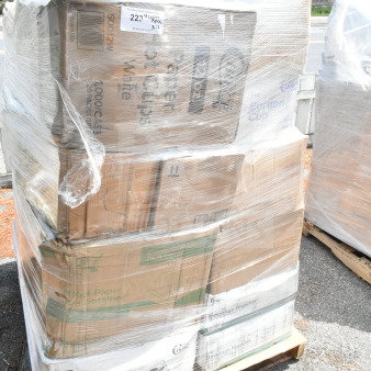 Pallet of 26 new scratch and dent items in boxes, including napkins, forks, cups, food trays; wrapped for auction.