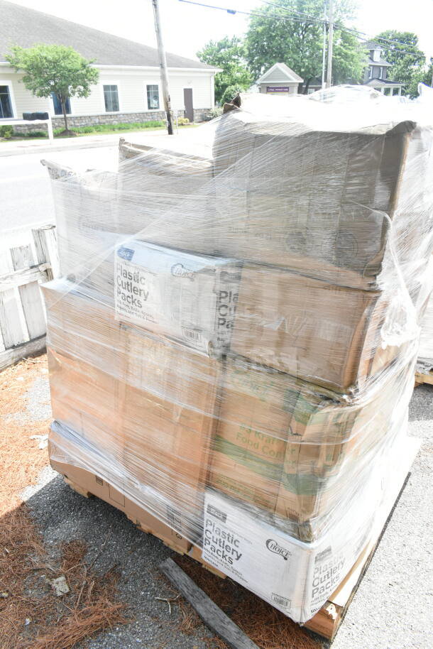 Pallet of 26 brand new scratch and dent items including napkins, forks, cups, and food trays. Plastic wrap packaging.