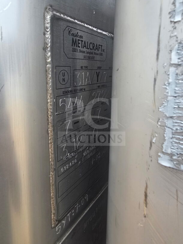 Metano 31A/Y/7 Hand Sanitizer Tank, Stainless Steel, Custom Metalcraft label with specs; contents unknown. Pickup in York.