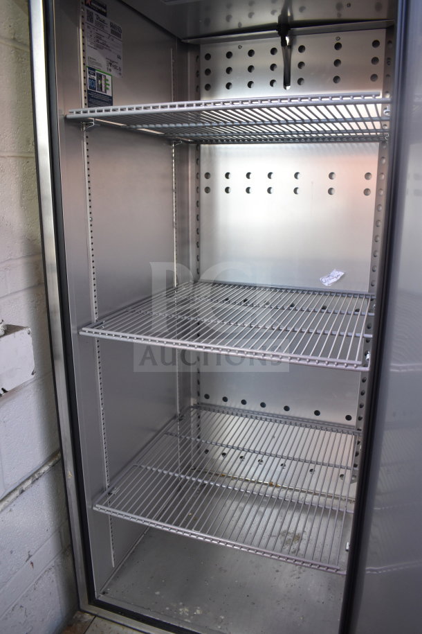 2019 True T-23F-HC reach-in freezer, commercial single door, three wire shelves, stainless interior, 115V, 1 phase.