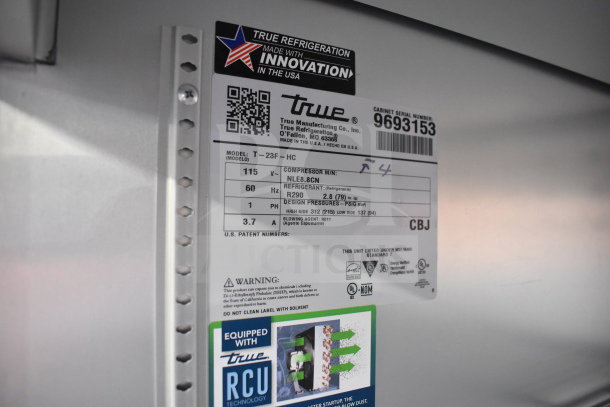 2019 True T-23F-HC Commercial Freezer label showing model, 115V, refrigerant R290, and USA innovation.