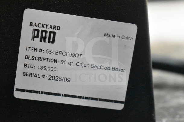 Brand new Backyard Pro 554BPCF90QT 90 qt gas seafood boiler, 135,000 BTU. Scratch and dent, made in China, serial 2025/09.