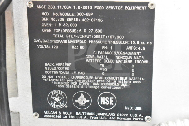 Label on Vulcan 36C-6BP propane range showing ANSI, model, serial number, total BTU, voltage, and safety info.